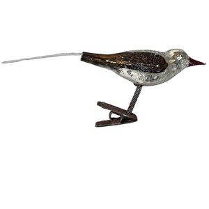 Vintage Glass Bird Christmas Ornament With Clip Tail & Silver Mercury Germany 5"